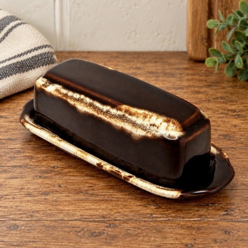 Vintage Pfaltzgraff Gourmet Brown #28 Butter Dish Drip Glaze Stoneware USA
